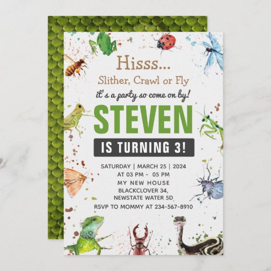 Reptiel en insect bewerkbare uitnodiging (Voorkant / Achterkant)