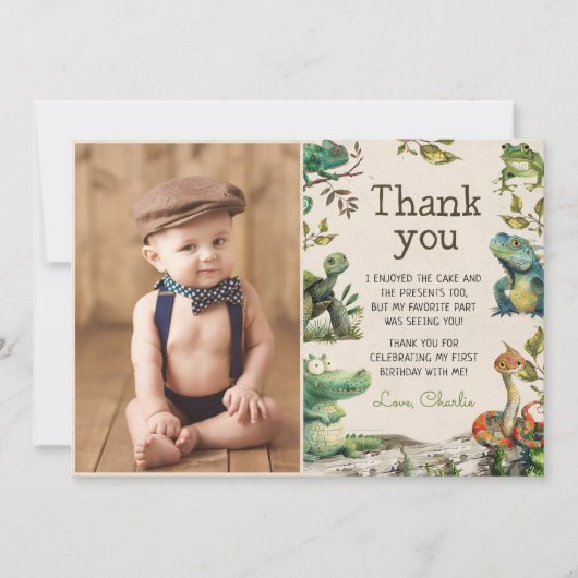 Reptiel Kinder 1e Verjaardag Foto Bedankkaart (Voorkant)