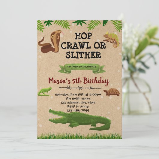 Reptiel verjaardag thema party uitnodiging (Staand voorkant)