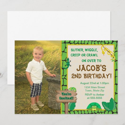 Reptiel Verjaardag Uitnodiging Hagedis Slang Uitno (Voorkant / Achterkant)