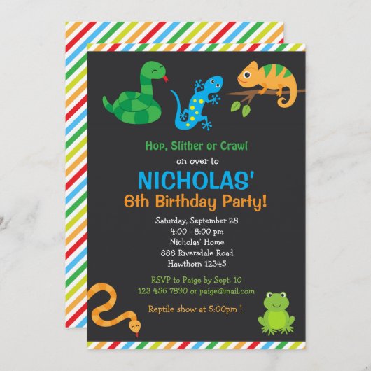 Reptiel verjaardagsfeest uitnodiging / reptiel par (Voorkant / Achterkant)