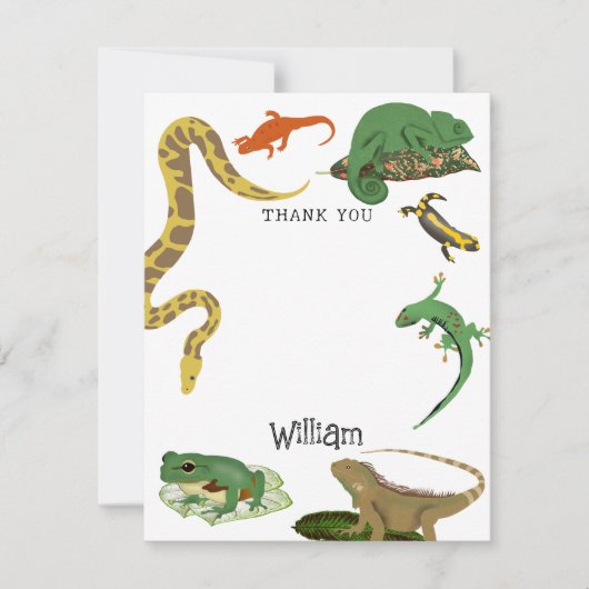 Reptielen, hagedissen en amfibieën Kinder naam Bedankkaart (Voorkant)