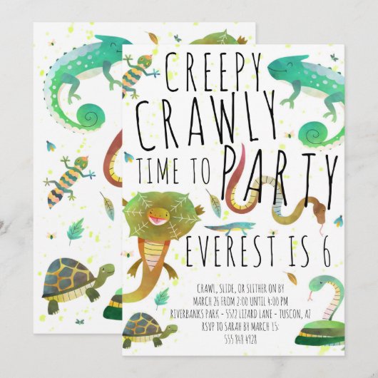 Reptielen verjaardagsfeestje uitnodiging - hagedis (Voorkant / Achterkant)