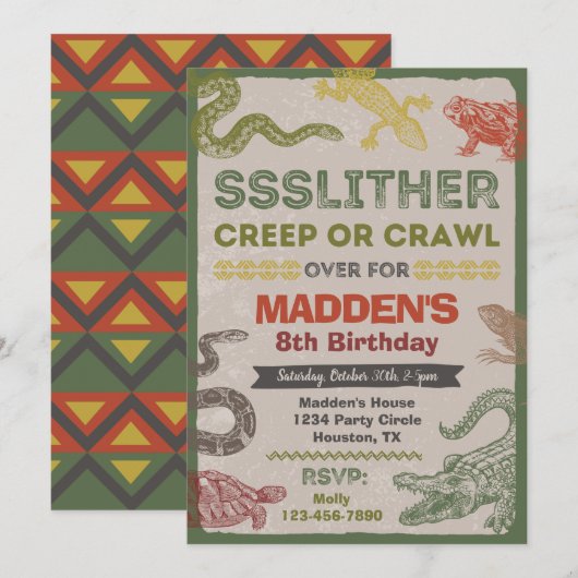 Reptile Birthday Invitation | Reptielpartij Kaart (Voorkant / Achterkant)