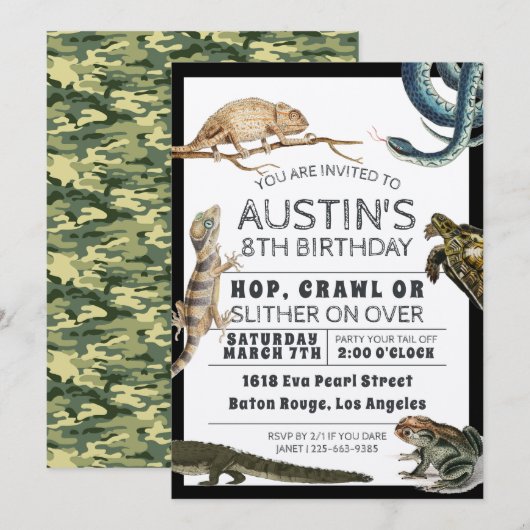 Reptile Show Birthday Party Invitation Kaart (Voorkant / Achterkant)
