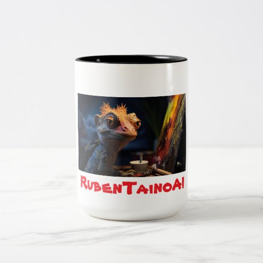 Reptilian AI Artist beroemd gemaakt door Ruben Tai Tweekleurige Koffiemok (Center)