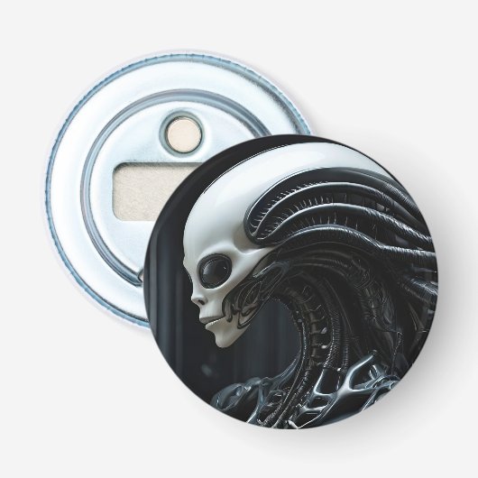 Reptillian buitenaards profiel button flesopener (Voorkant)