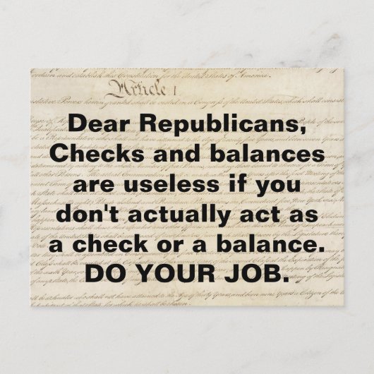 Republikeinen: checks and balances doen je werk briefkaart (Voorkant)