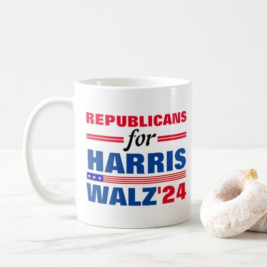 Republikeinen voor Harris Walz Red Blue Koffiemok (Met donut)