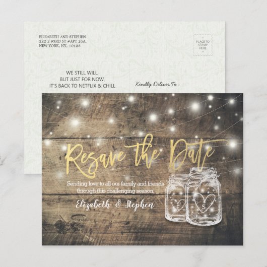 Resave the Date Wedding Postponement Mason Jars Aankondigingskaart (Voorkant / Achterkant)