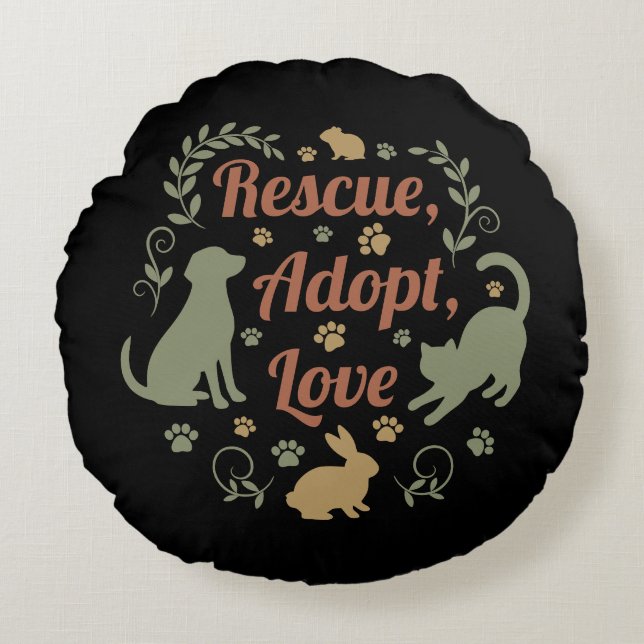 Rescue, Adopt, Love Rond Kussen (Voorkant)