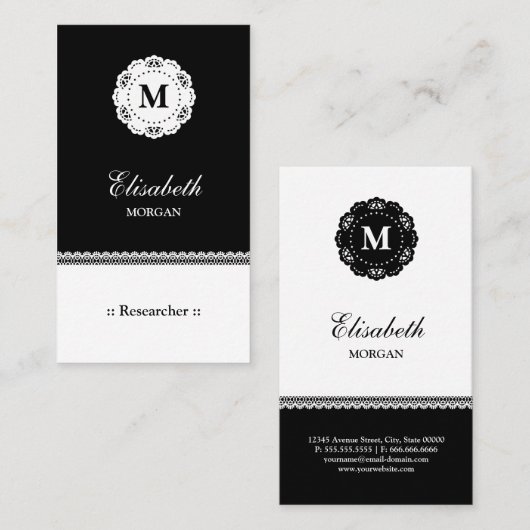 Researcher Black White Lace Monogram Visitekaartje (Voorkant / Achterkant)