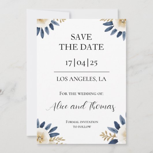 Reserva La Fecha Boda Spring Floral Blue Gold Save The Date (Voorkant)