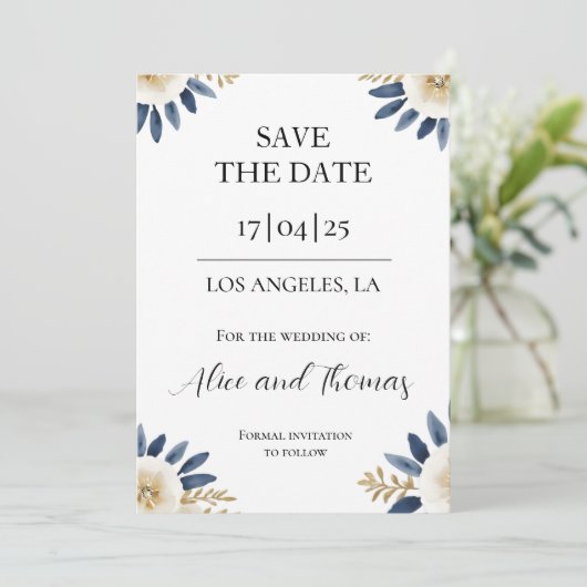 Reserva La Fecha Boda Spring Floral Blue Gold Save The Date (Staand voorkant)