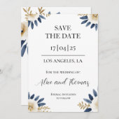 Reserva La Fecha Boda Spring Floral Blue Gold Save The Date (Voorkant / Achterkant)