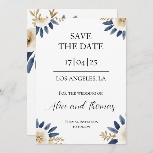 Reserva La Fecha Boda Spring Floral Blue Gold Save The Date (Voorkant / Achterkant)