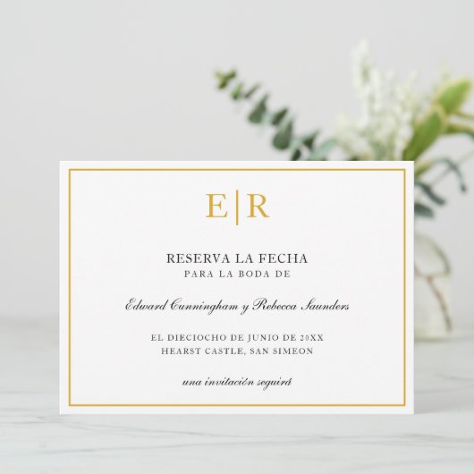 Reserva La Fecha Elegant Gold Monogram Formele Save The Date (Staand voorkant)