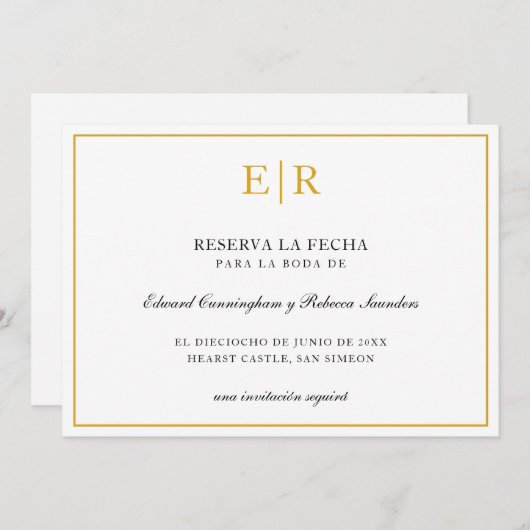 Reserva La Fecha Elegant Gold Monogram Formele Save The Date (Voorkant / Achterkant)
