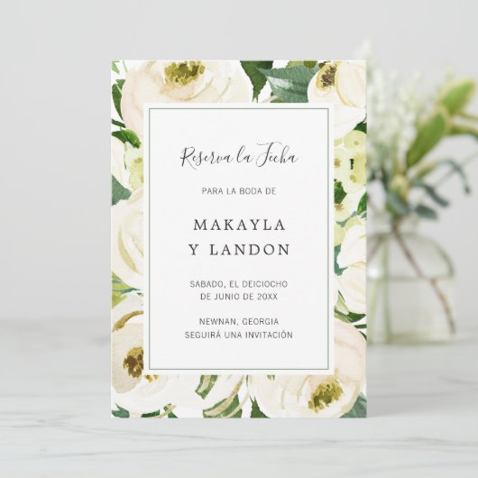 Reserva la Fecha Elegant White Floral Spaans Save The Date (Staand voorkant)