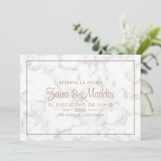 Reserva La Fecha Modern Marble Roos Gold Spaans Save The Date (Staand voorkant)