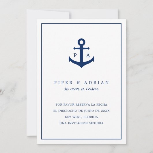 Reserva La Fecha Nautical Anchor Monogram Spaans Save The Date (Voorkant)