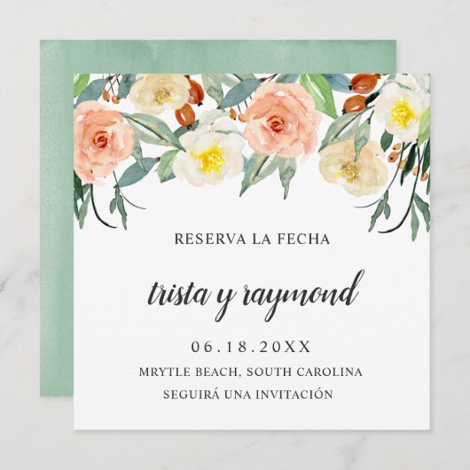 Reserva La Fecha Peach Floral Botanisch Spaans Save The Date (Voorkant / Achterkant)