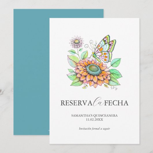 Reserva la Fecha Quinceañeras Mariposas Save The Date (Voorkant / Achterkant)
