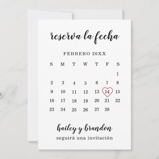 Reserva la Fecha Simple Calendar Red Heart Spaans Save The Date (Voorkant)