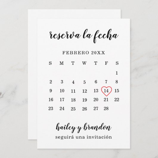 Reserva la Fecha Simple Calendar Red Heart Spaans Save The Date (Voorkant / Achterkant)