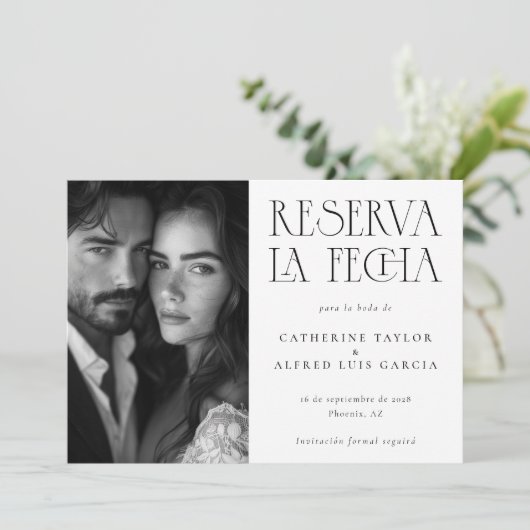 Reserva La Fecha Zwart Wit Spaans Foto Bruiloft Save The Date (Staand voorkant)