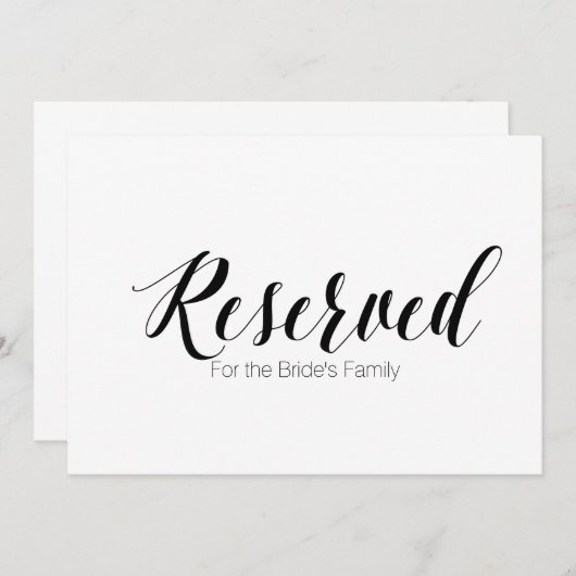 "Reserved for Bride's Family" bruiloft Sign Kaart (Voorkant / Achterkant)