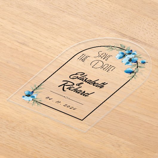 Reserveer de datum "Blauwe Bloemen" Acryl Uitnodigingen (Laagn)