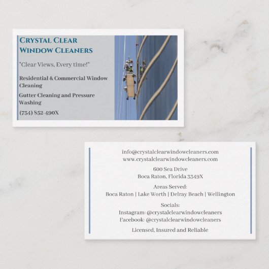 Residentiële commerciële reinigingsruitenreiniger visitekaartje (Voorkant / Achterkant)