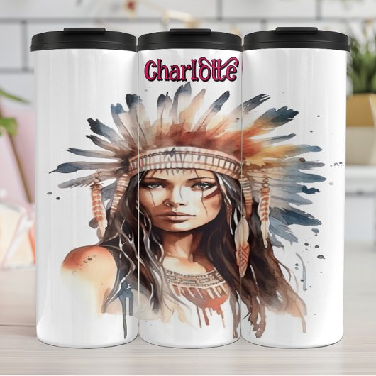 Resilient Indigenous Maiden Watercolor Portrait Thermosbeker