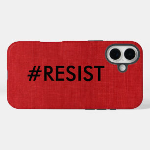 #Resist, zwarte tekst op foto van rode linen iPhone 16 Plus Hoesje
