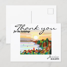 Resort, zee kust, zeilboten briefkaart