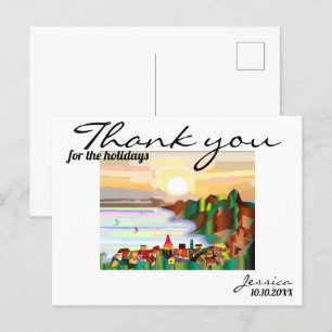 Resort, zee kust, zeilboten briefkaart