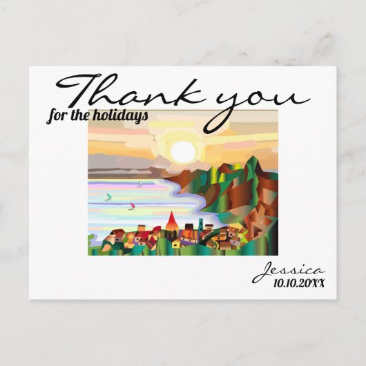 Resort, zee kust, zeilboten briefkaart (Voorkant)