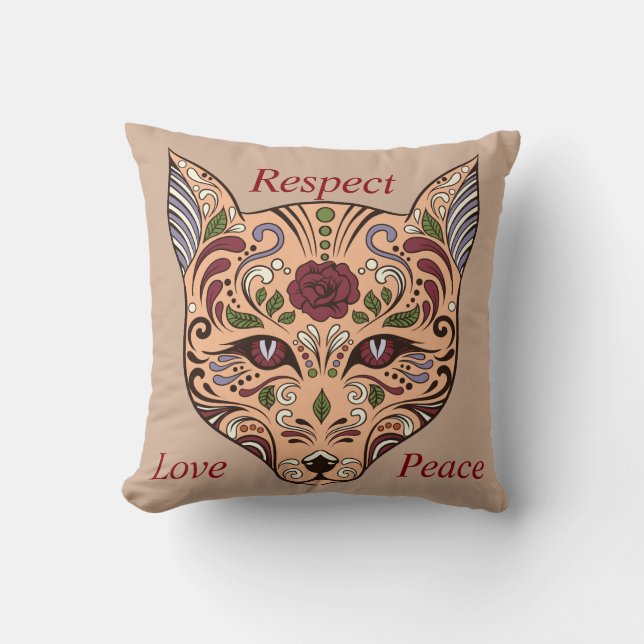 Respect Love Peace Sugar Skull Wolf Mauve Pillow Kussen (Voorkant)