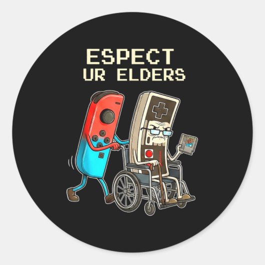 Respect Ur Elders Retro Gaming Controller Funny Ronde Sticker (Voorkant)