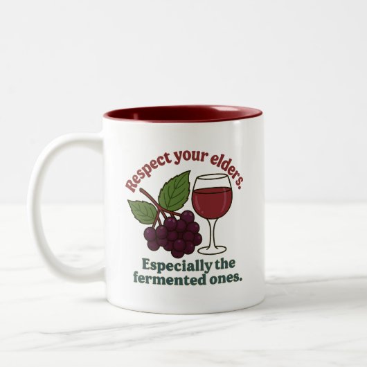 Respect Your Elders Fermented Ones Funny Wine Love Tweekleurige Koffiemok (Links)