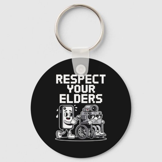 Respect Your Elders Retro Tech Camera Phone Cartoo Sleutelhanger (Voorkant)