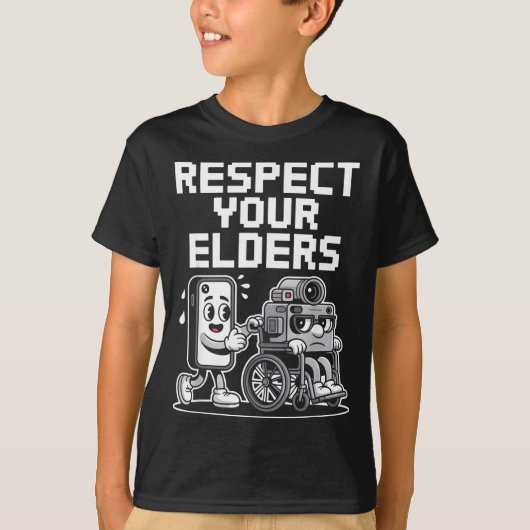 Respect Your Elders Retro Tech Camera Phone Cartoo T-shirt (Voorkant)