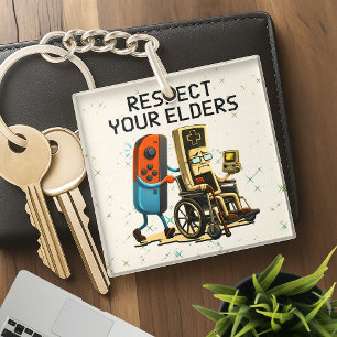 Respecteer Je Ouderen Gaming Controle Retro Grappi Sleutelhanger