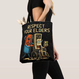 Respecteer je Ouderen Gaming Controle Retro Grappi Tote Bag