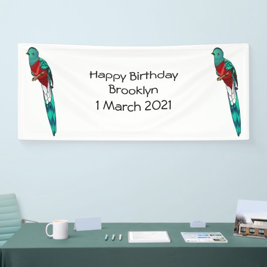 Resplendent quetzal-vogel cartoon illustratie spandoek (Beurs)