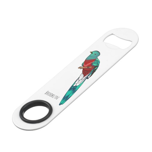 Resplendent quetzal-vogel cartoon illustratie speed flessenopener (Voorkant Gekanteld)