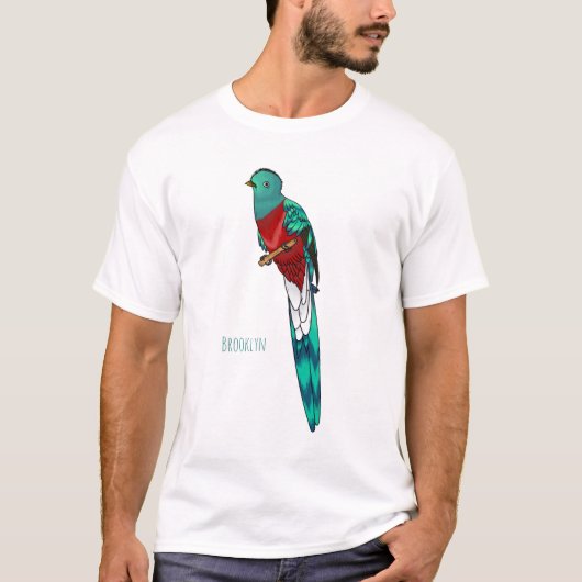 Resplendent quetzal-vogel cartoon illustratie t-shirt (Voorkant)