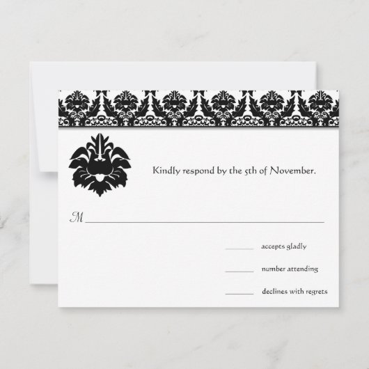 Responskaarten voor Black & White Damask Wedding RSVP Kaartje (Achterkant)