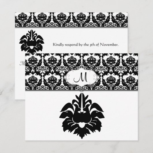 Responskaarten voor Black & White Damask Wedding RSVP Kaartje (Voorkant / Achterkant)